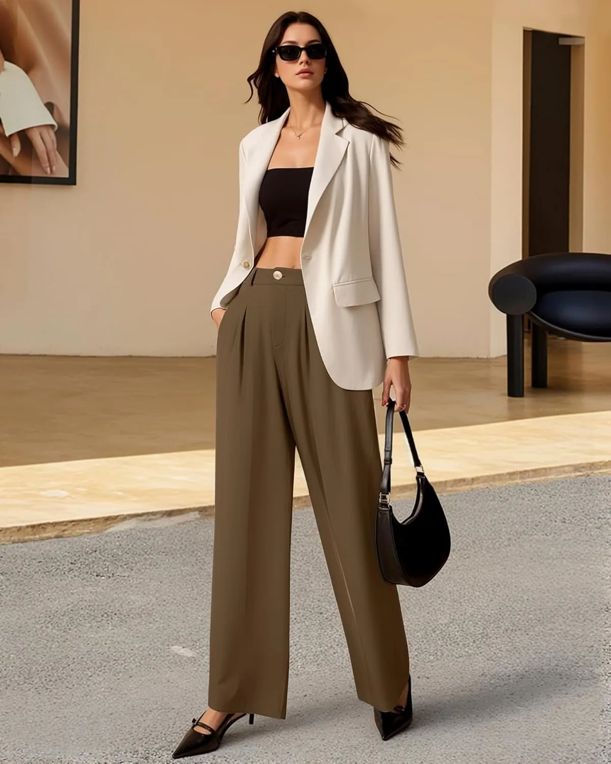 CLOZOZ Wide Leg Pants Women's High Waisted Work Trousers Regular for Office Business Casual
