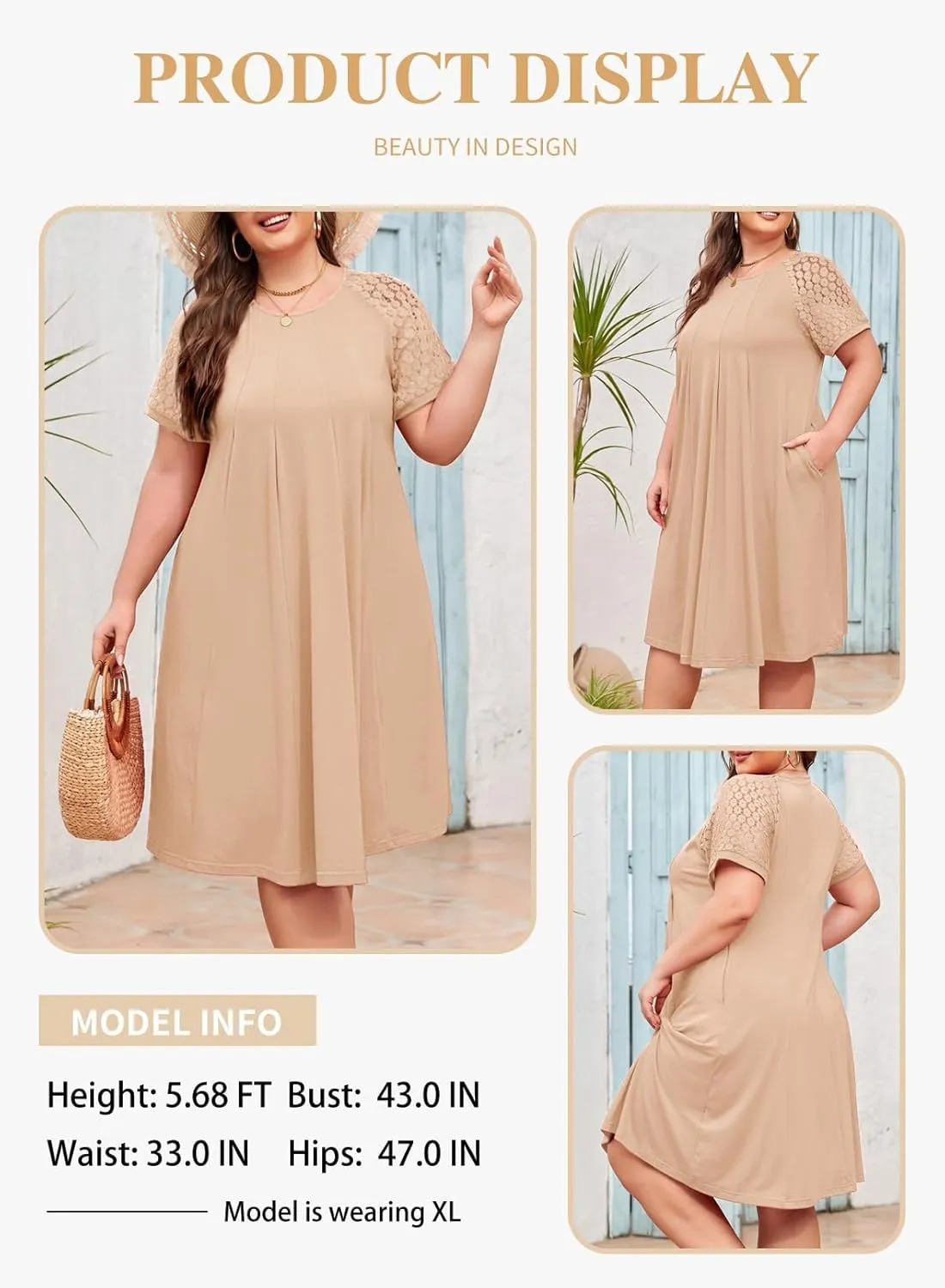 Eytino Womens Plus Size Dress Lace Short Sleeve Crewneck Casual Pleated Swing Midi Dresses with Pockets(1X-5X)