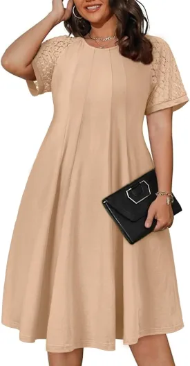 Eytino Womens Plus Size Dress Lace Short Sleeve Crewneck Casual Pleated Swing Midi Dresses with Pockets(1X-5X)