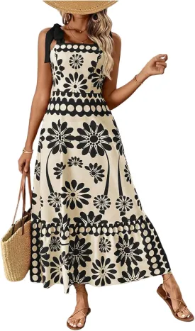 Floerns Women's Vintage Sleeveless Tie Shoulder Sundress Floral Print Cami Maxi Dress