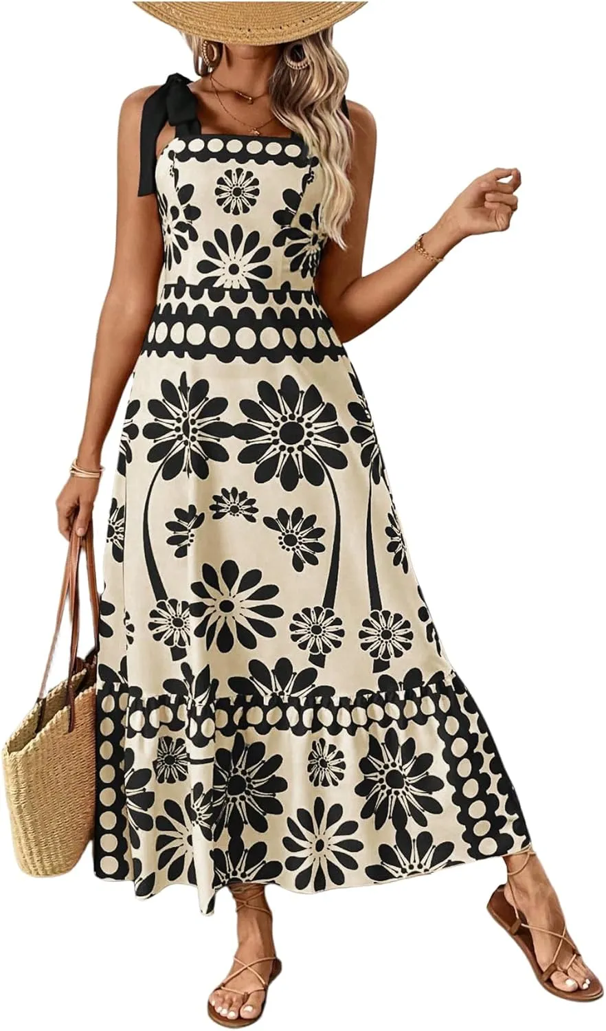 Floerns Women's Vintage Sleeveless Tie Shoulder Sundress Floral Print Cami Maxi Dress