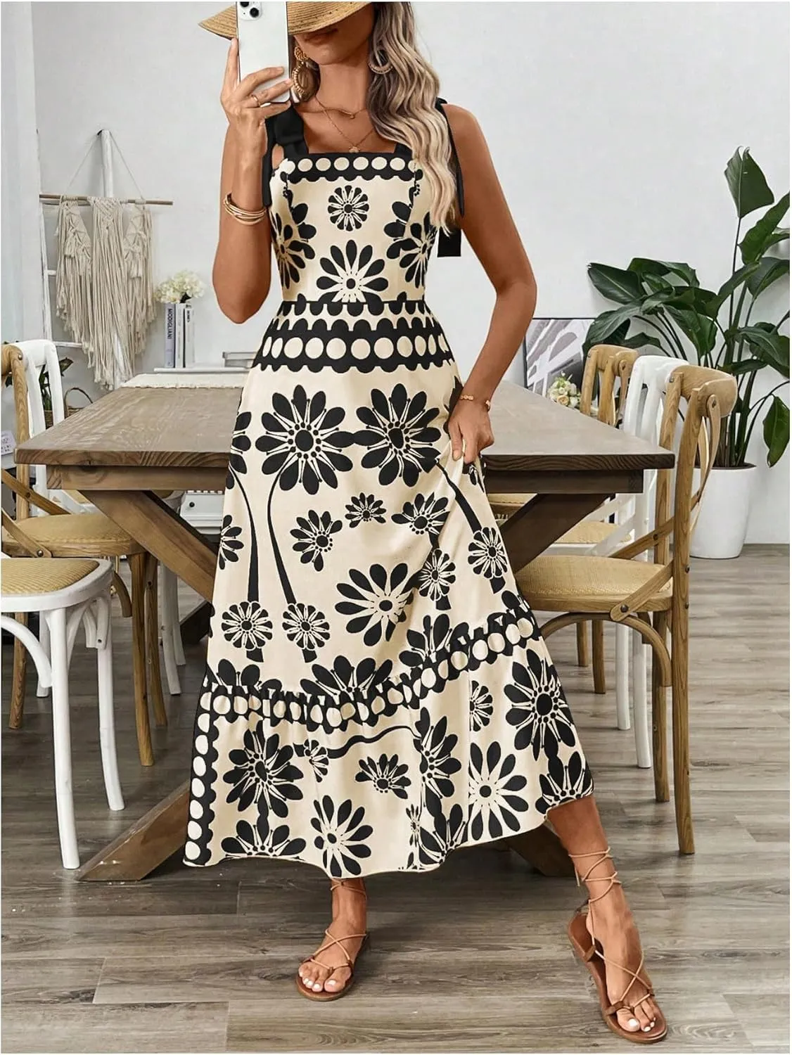 Floerns Women's Vintage Sleeveless Tie Shoulder Sundress Floral Print Cami Maxi Dress