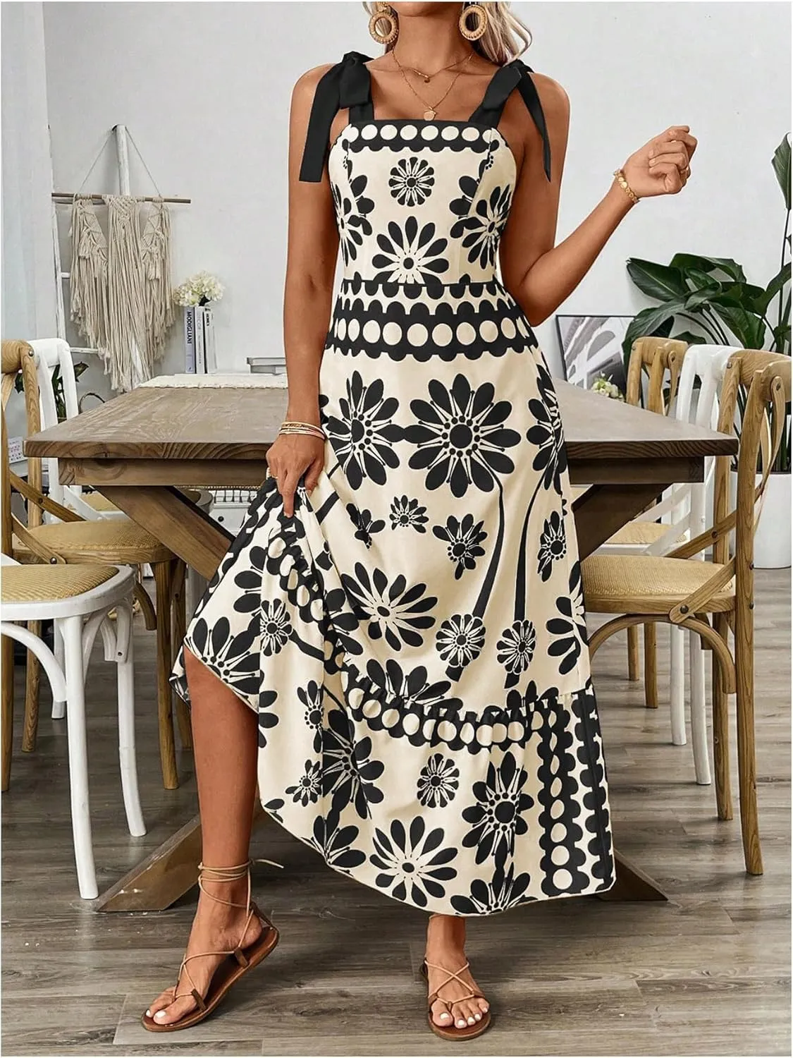 Floerns Women's Vintage Sleeveless Tie Shoulder Sundress Floral Print Cami Maxi Dress