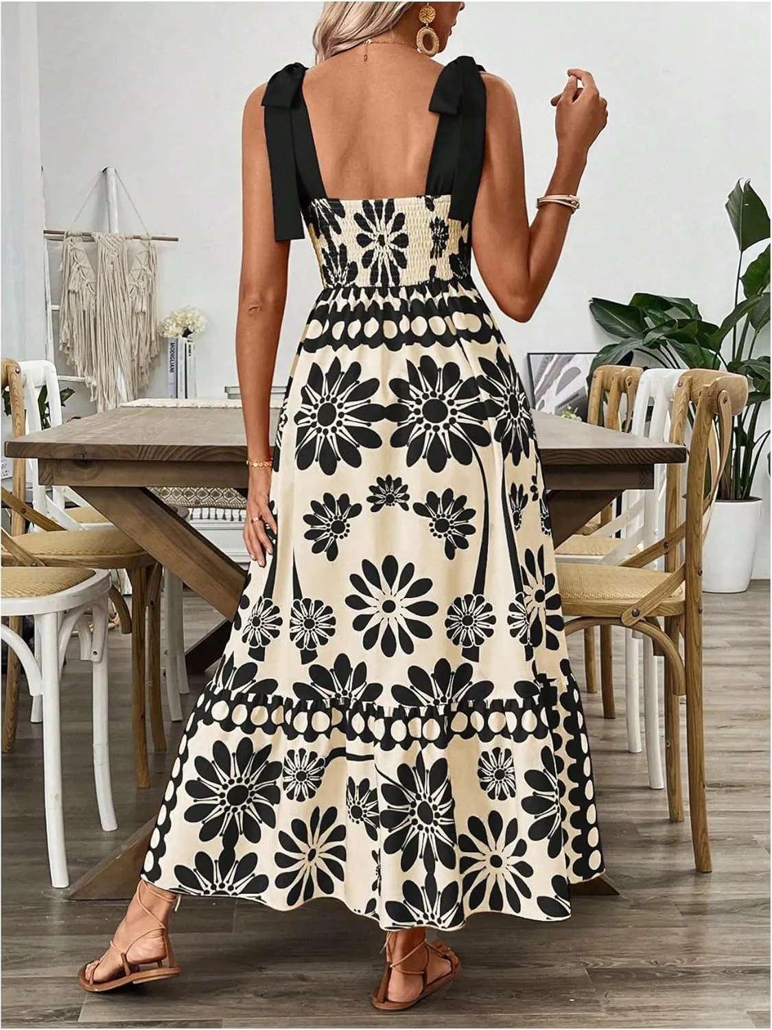 Floerns Women's Vintage Sleeveless Tie Shoulder Sundress Floral Print Cami Maxi Dress