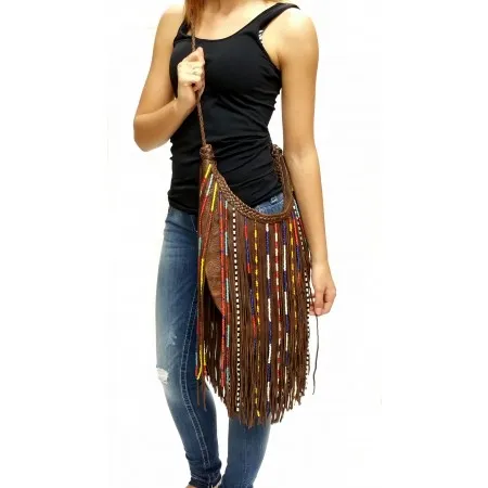 Fringe Leather Beaded Crossbody Purse - Black