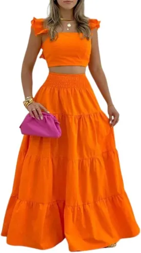 Fronage Women's 2 Piece Outifits Ruffle Sleeve Tank Top and High Waist Tiered Maxi Skirt Summer Casual Beach Dress Set