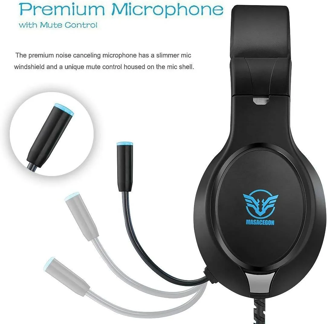 Gaming Headset for Nintendo Switch, Xbox One, PS4, PS5, Bass Surround and Noise Cancelling with Flexible Mic, 3.5mm Wired Adjustable Over-Ear Headphones for Laptop PC iPad Smartphones (Blue-Black)