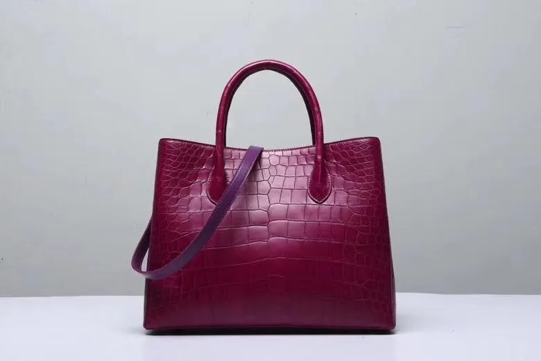 Genuine Crocodile Belly Leather Top Handle Bags For Women Wine Red 35cm