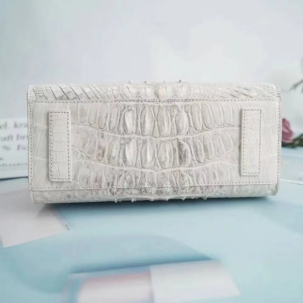 Genuine Crocodile Leather Small Top Handle Bags Himalaya White