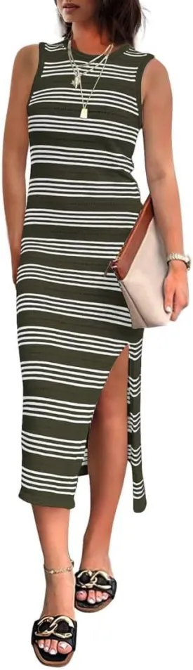 GOLDSTITCH Women Casual Sleeveless Striped Tank Midi Dresses Summer Bodycon Hollow Out Knit Side Slit Striped Long Tank Dress
