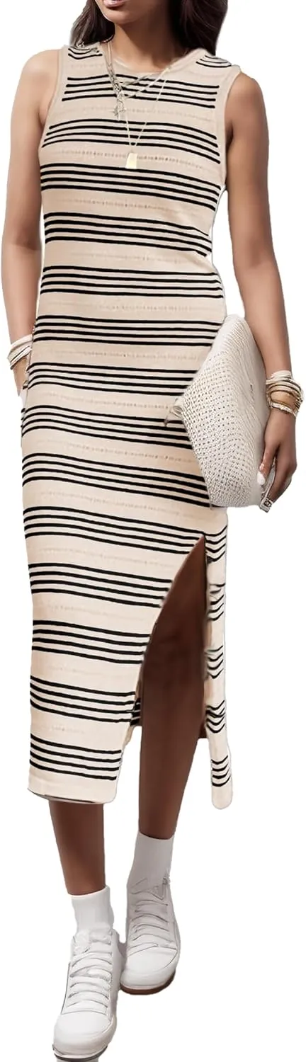 GOLDSTITCH Women Casual Sleeveless Striped Tank Midi Dresses Summer Bodycon Hollow Out Knit Side Slit Striped Long Tank Dress