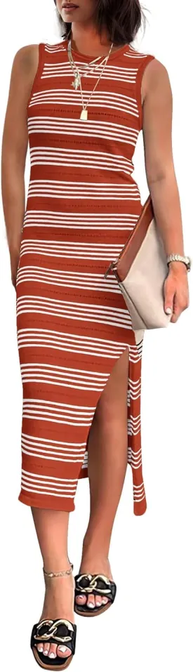 GOLDSTITCH Women Casual Sleeveless Striped Tank Midi Dresses Summer Bodycon Hollow Out Knit Side Slit Striped Long Tank Dress
