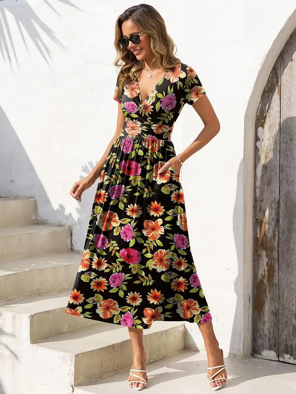 Gracyoga Women's Summer Dresses 2025 Short Sleeve Maxi Dress Casual V Neck Flowy Sundress with Pockets