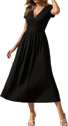 Gracyoga Women's Summer Dresses 2025 Short Sleeve Maxi Dress Casual V Neck Flowy Sundress with Pockets