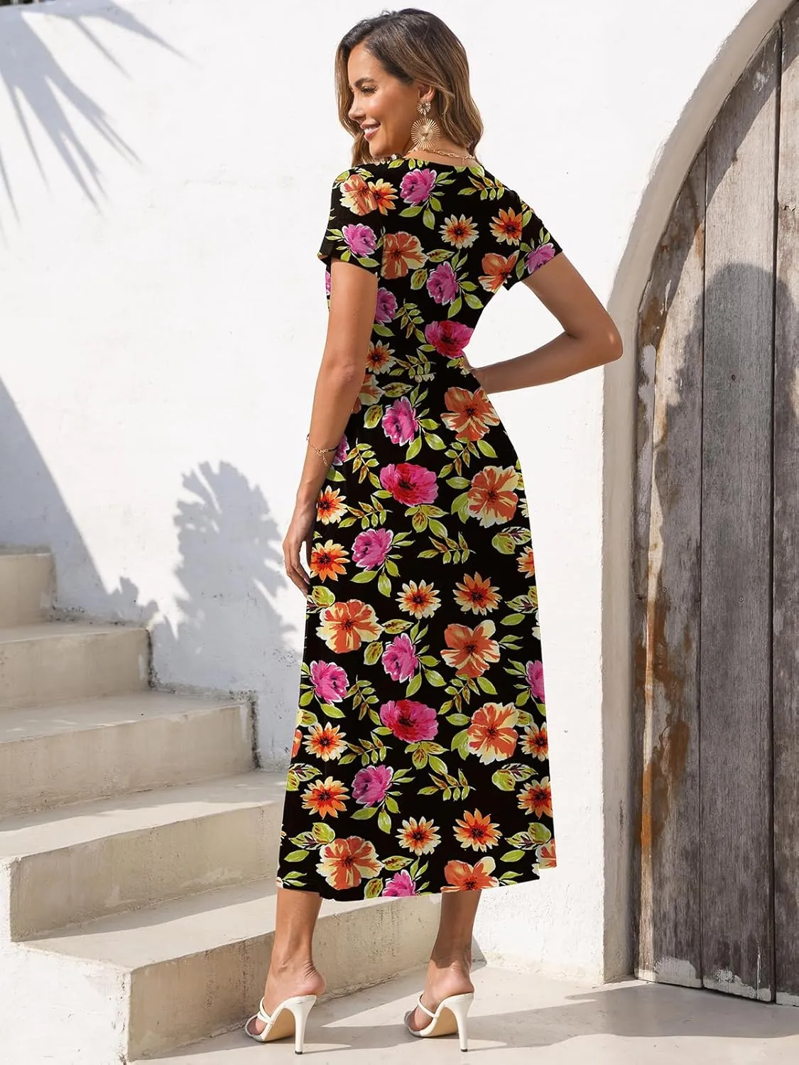 Gracyoga Women's Summer Dresses 2025 Short Sleeve Maxi Dress Casual V Neck Flowy Sundress with Pockets