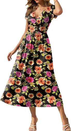 Gracyoga Women's Summer Dresses 2025 Short Sleeve Maxi Dress Casual V Neck Flowy Sundress with Pockets