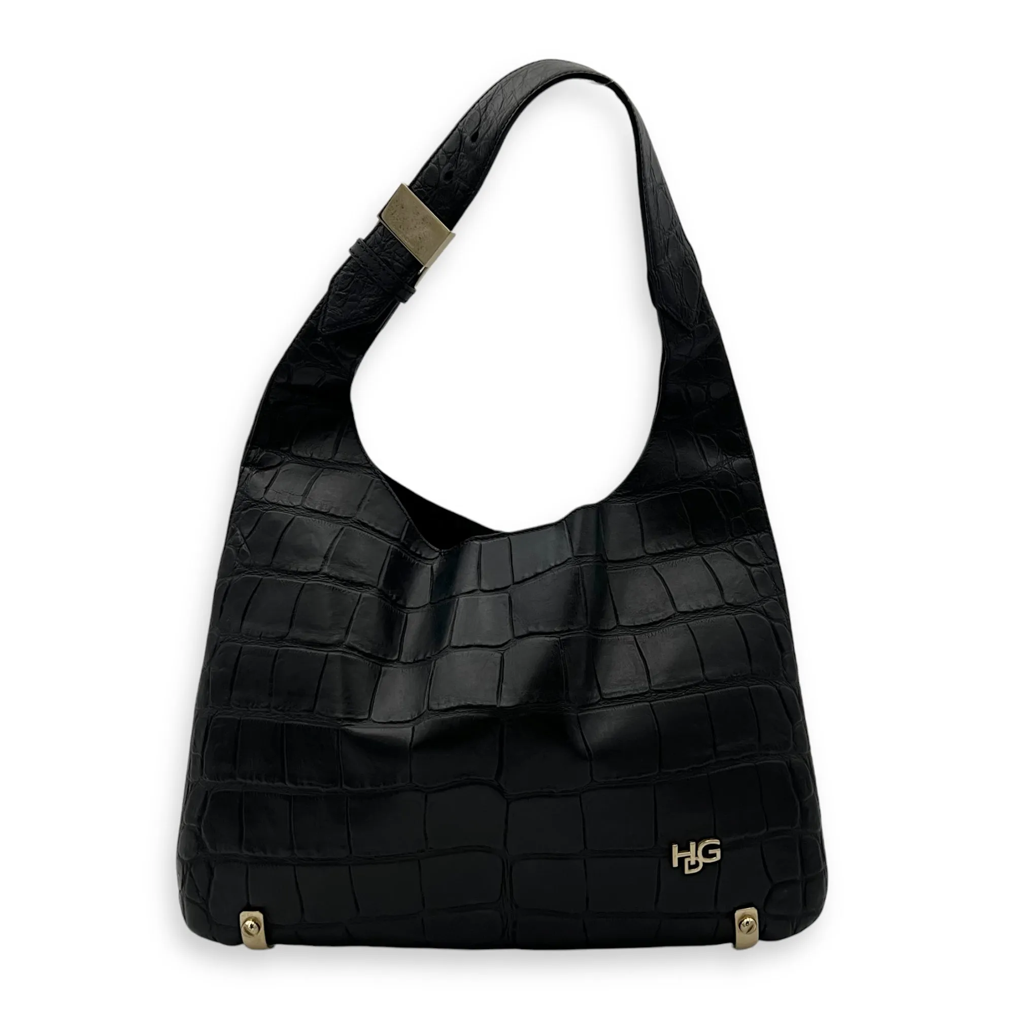 HDG Tote Bag Black in Crocodile Embossed Calfskin, Gold hardware