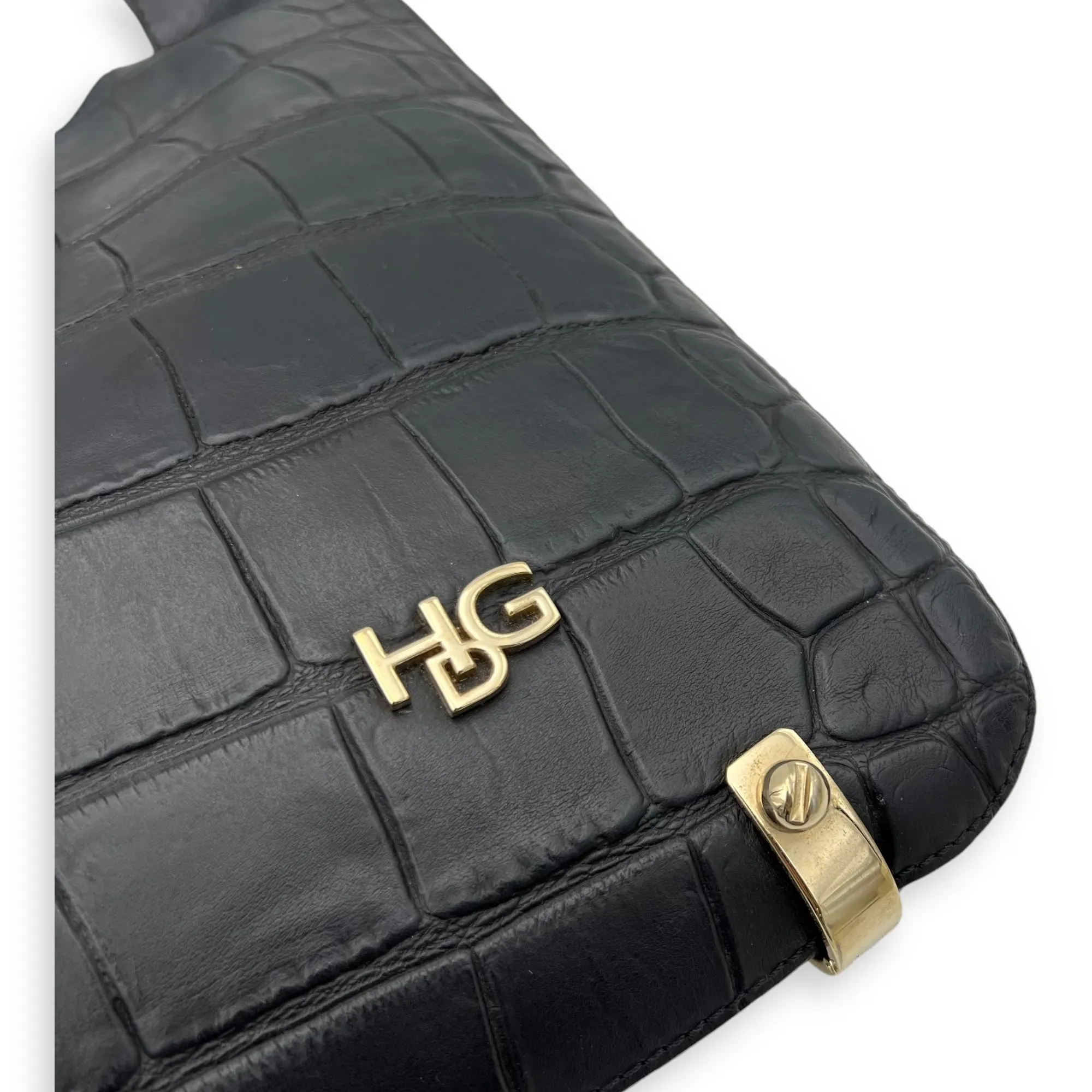 HDG Tote Bag Black in Crocodile Embossed Calfskin, Gold hardware