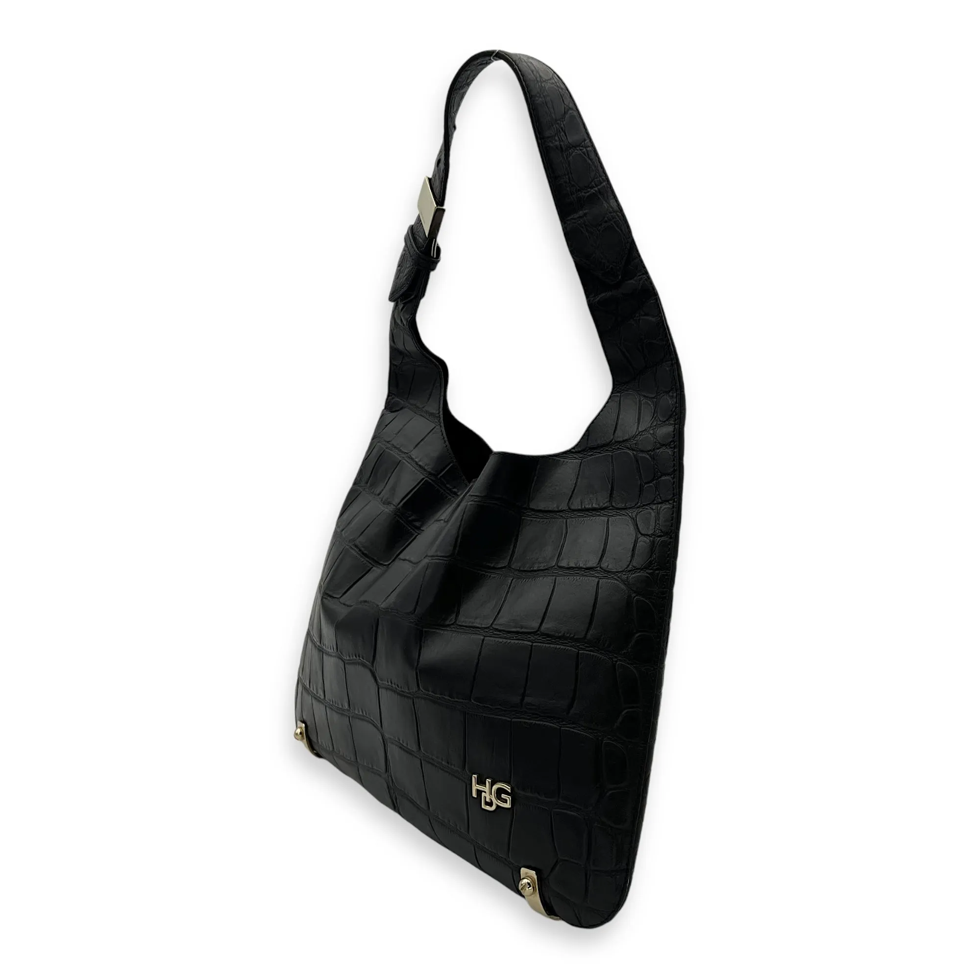 HDG Tote Bag Black in Crocodile Embossed Calfskin, Gold hardware