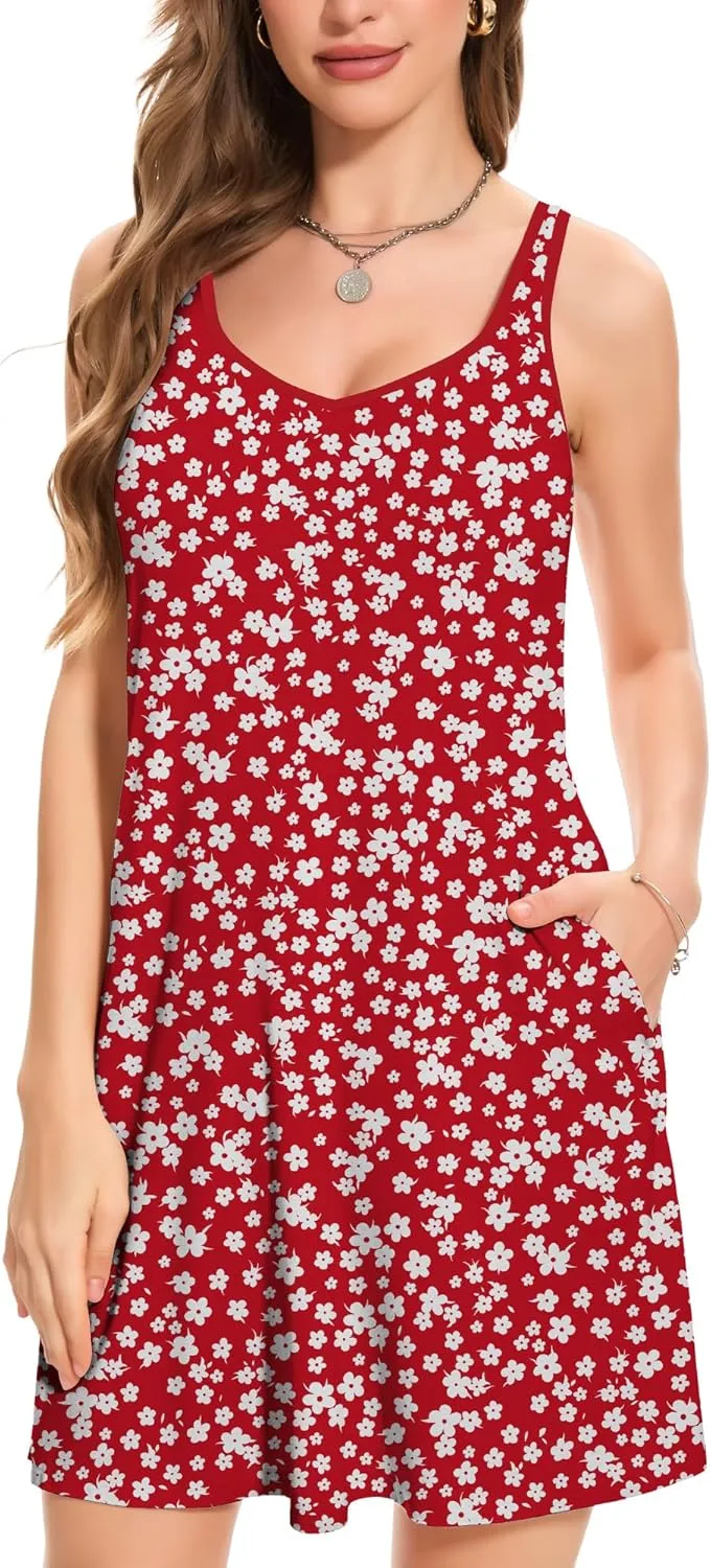 JOYSHAPER Built in Bra Summer Dress Casual Beach Sundress Flowy Adjustable Strap Dress