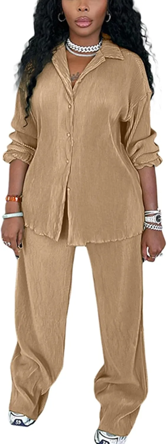 kaimimei Casual 2 Piece Outfit for Women - Linen Long Sleeve Button Down Shirt   Flare Pleated Wide Leg Pants Sets Streetwear