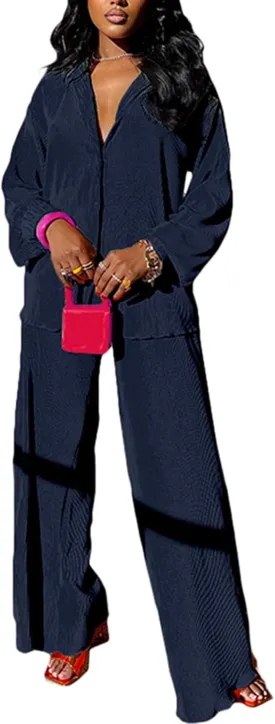 kaimimei Casual 2 Piece Outfit for Women - Linen Long Sleeve Button Down Shirt   Flare Pleated Wide Leg Pants Sets Streetwear