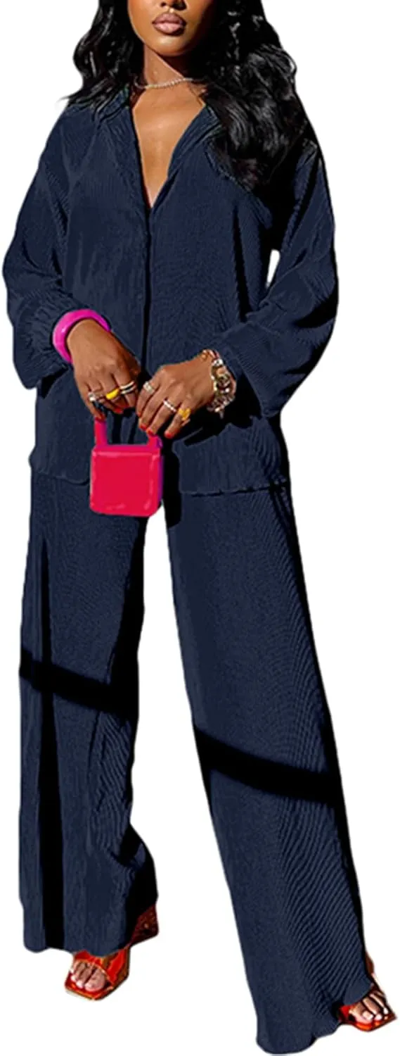 kaimimei Casual 2 Piece Outfit for Women - Linen Long Sleeve Button Down Shirt   Flare Pleated Wide Leg Pants Sets Streetwear