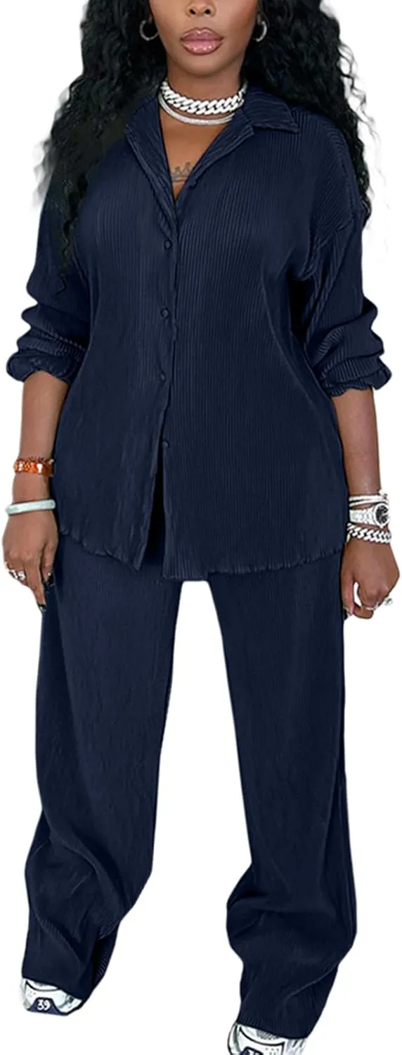 kaimimei Casual 2 Piece Outfit for Women - Linen Long Sleeve Button Down Shirt   Flare Pleated Wide Leg Pants Sets Streetwear