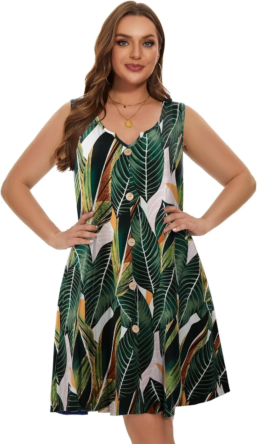 LARACE Women Plus Size Summer Dresses V Neck Sleeveless A Line Sundresses Button Down Midi Dress with Pockets