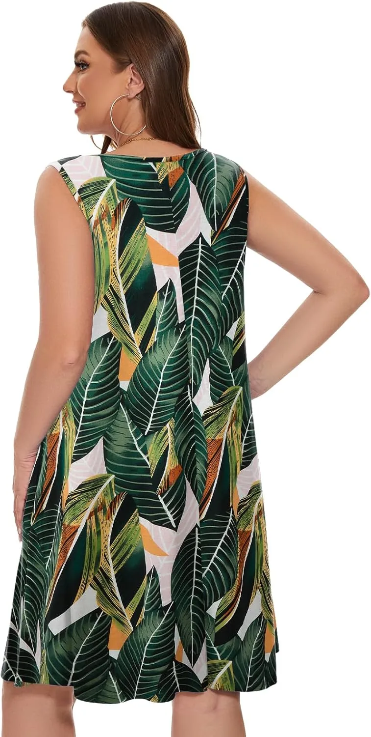 LARACE Women Plus Size Summer Dresses V Neck Sleeveless A Line Sundresses Button Down Midi Dress with Pockets
