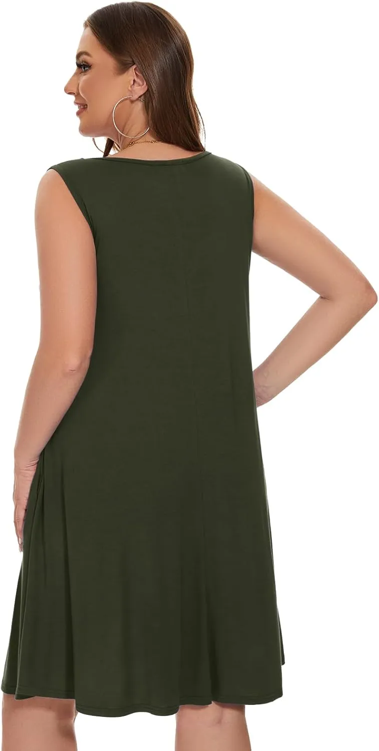 LARACE Women Plus Size Summer Dresses V Neck Sleeveless A Line Sundresses Button Down Midi Dress with Pockets