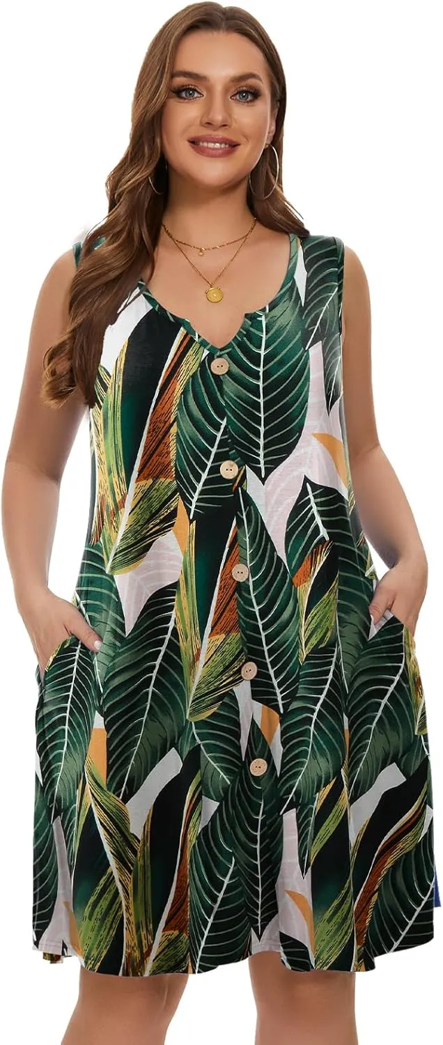 LARACE Women Plus Size Summer Dresses V Neck Sleeveless A Line Sundresses Button Down Midi Dress with Pockets
