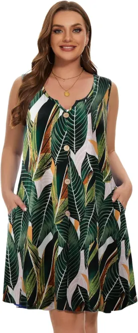 LARACE Women Plus Size Summer Dresses V Neck Sleeveless A Line Sundresses Button Down Midi Dress with Pockets