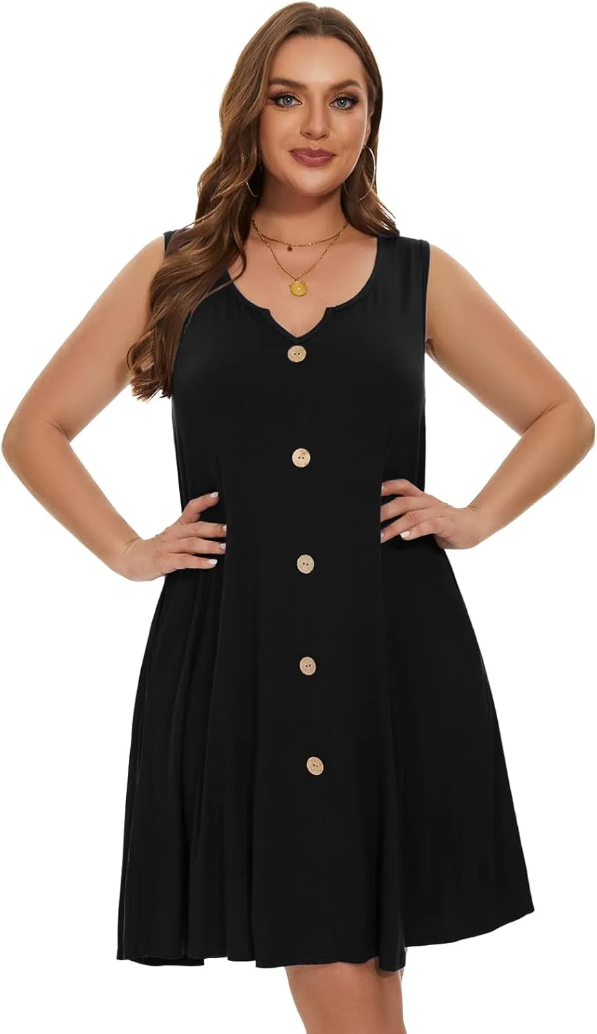 LARACE Women Plus Size Summer Dresses V Neck Sleeveless A Line Sundresses Button Down Midi Dress with Pockets