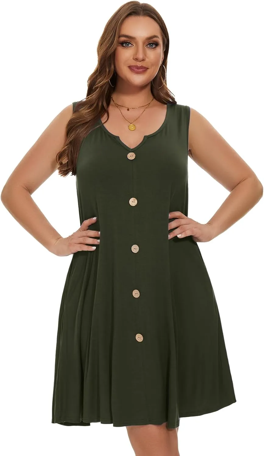 LARACE Women Plus Size Summer Dresses V Neck Sleeveless A Line Sundresses Button Down Midi Dress with Pockets