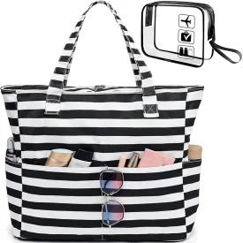 LEDAOU Beach Bag for Women Waterproof Sandproof Tote Bag Pool Bag with Zipper for Gym Shopping Travel with Wet Pocket