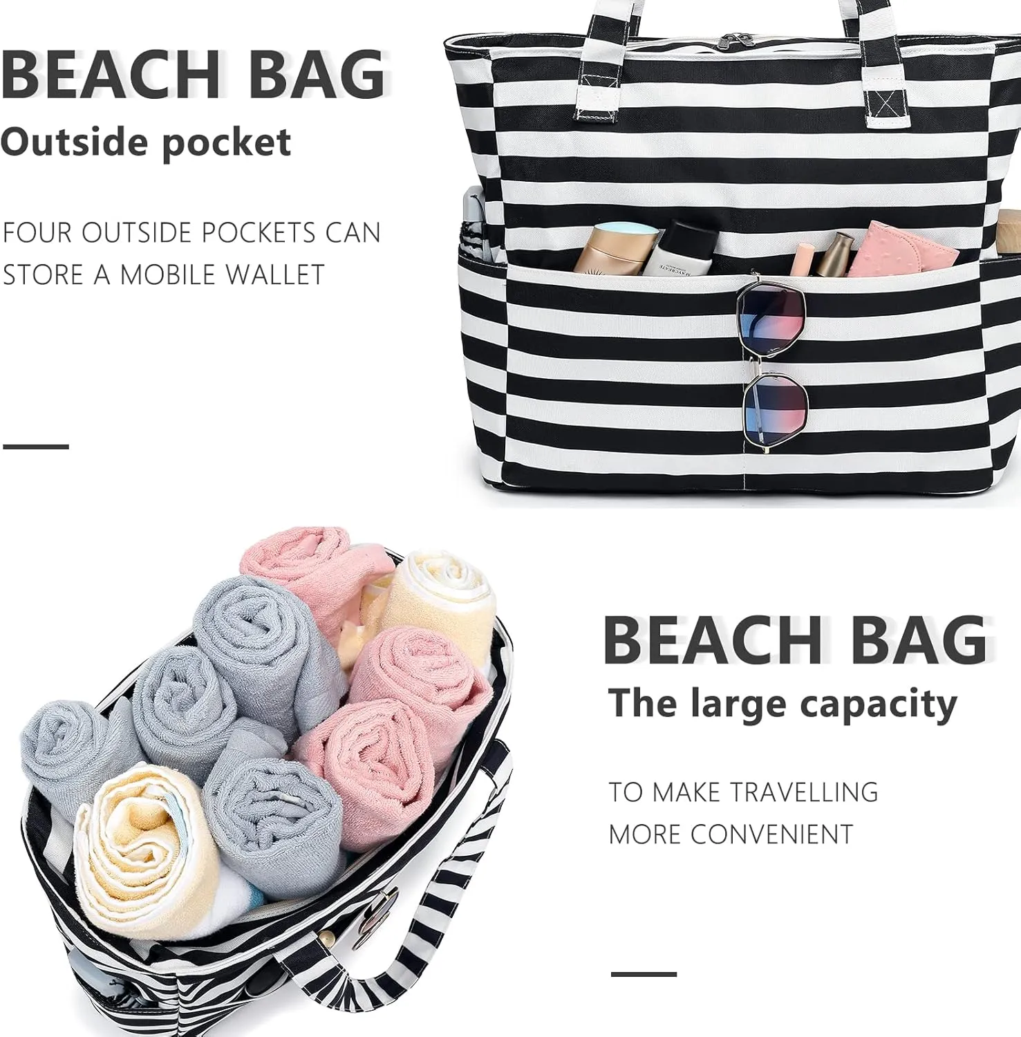 LEDAOU Beach Bag for Women Waterproof Sandproof Tote Bag Pool Bag with Zipper for Gym Shopping Travel with Wet Pocket
