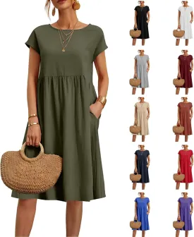 Linen Dresses for Women 2024 Womens Linen Dress Linen Midi Dresses Plus Size Short Sleeves Dress Sundress with Pockets