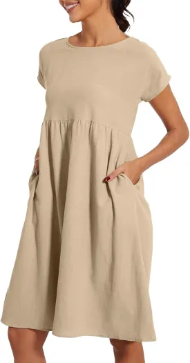 Linen Dresses for Women 2024 Womens Linen Dress Linen Midi Dresses Plus Size Short Sleeves Dress Sundress with Pockets
