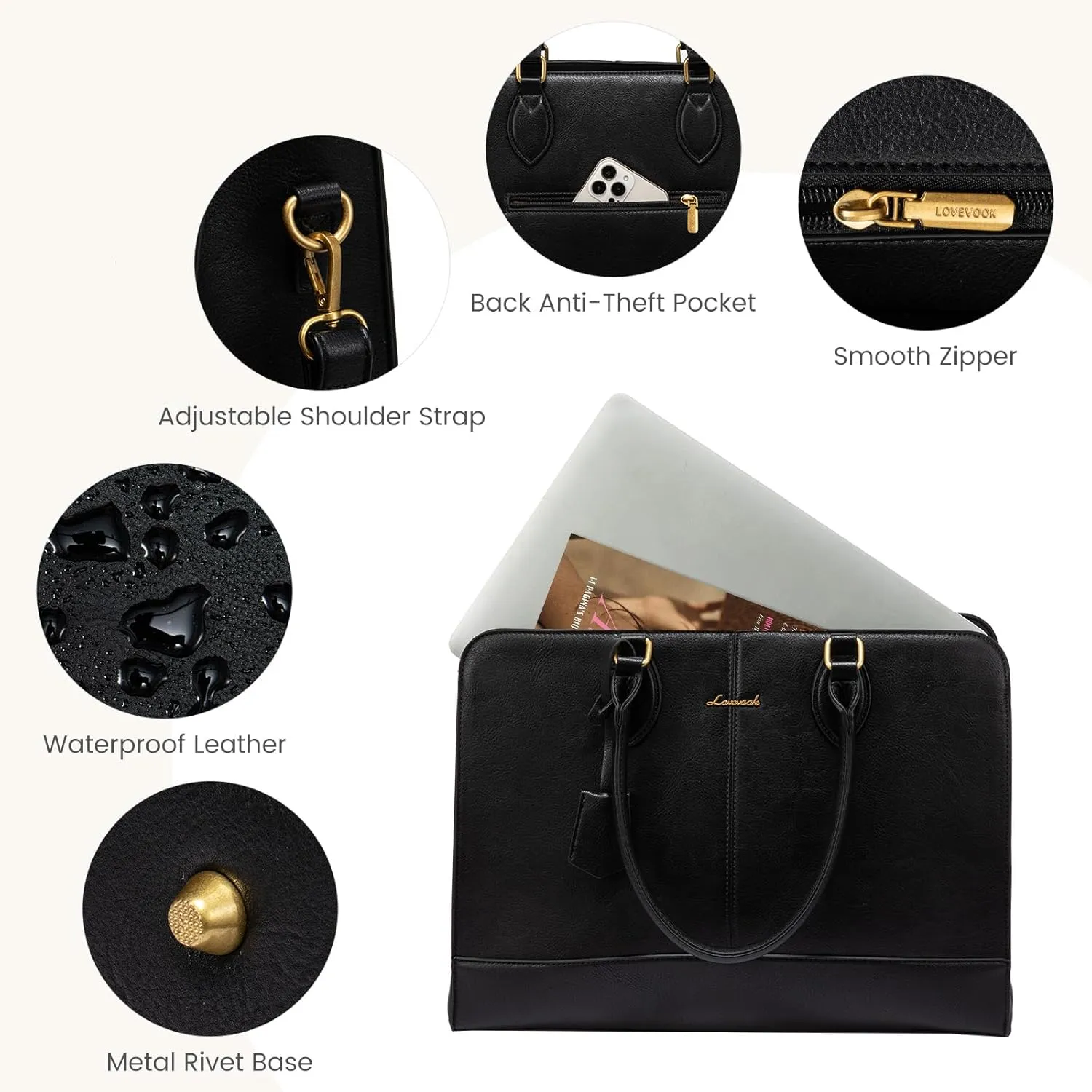 LOVEVOOK Laptop Tote Bag for Women, Vintage Leather Purse, Computer Briefcase, Waterproof Messenger Handbag Satchel Case