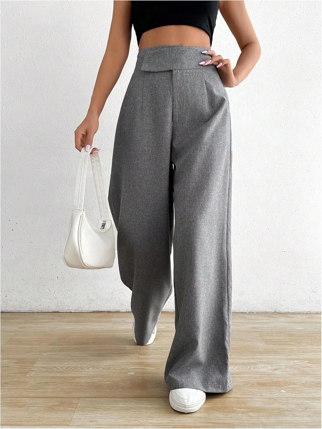 MakeMeChic Women's Pleated Wide Leg Pants Asymmetrical Waist Tummy Control Trousers