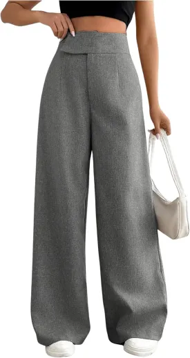 MakeMeChic Women's Pleated Wide Leg Pants Asymmetrical Waist Tummy Control Trousers