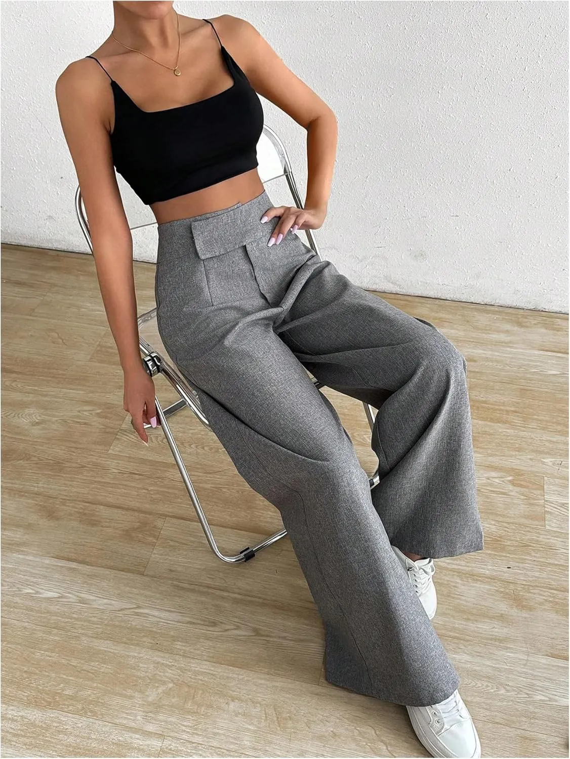 MakeMeChic Women's Pleated Wide Leg Pants Asymmetrical Waist Tummy Control Trousers