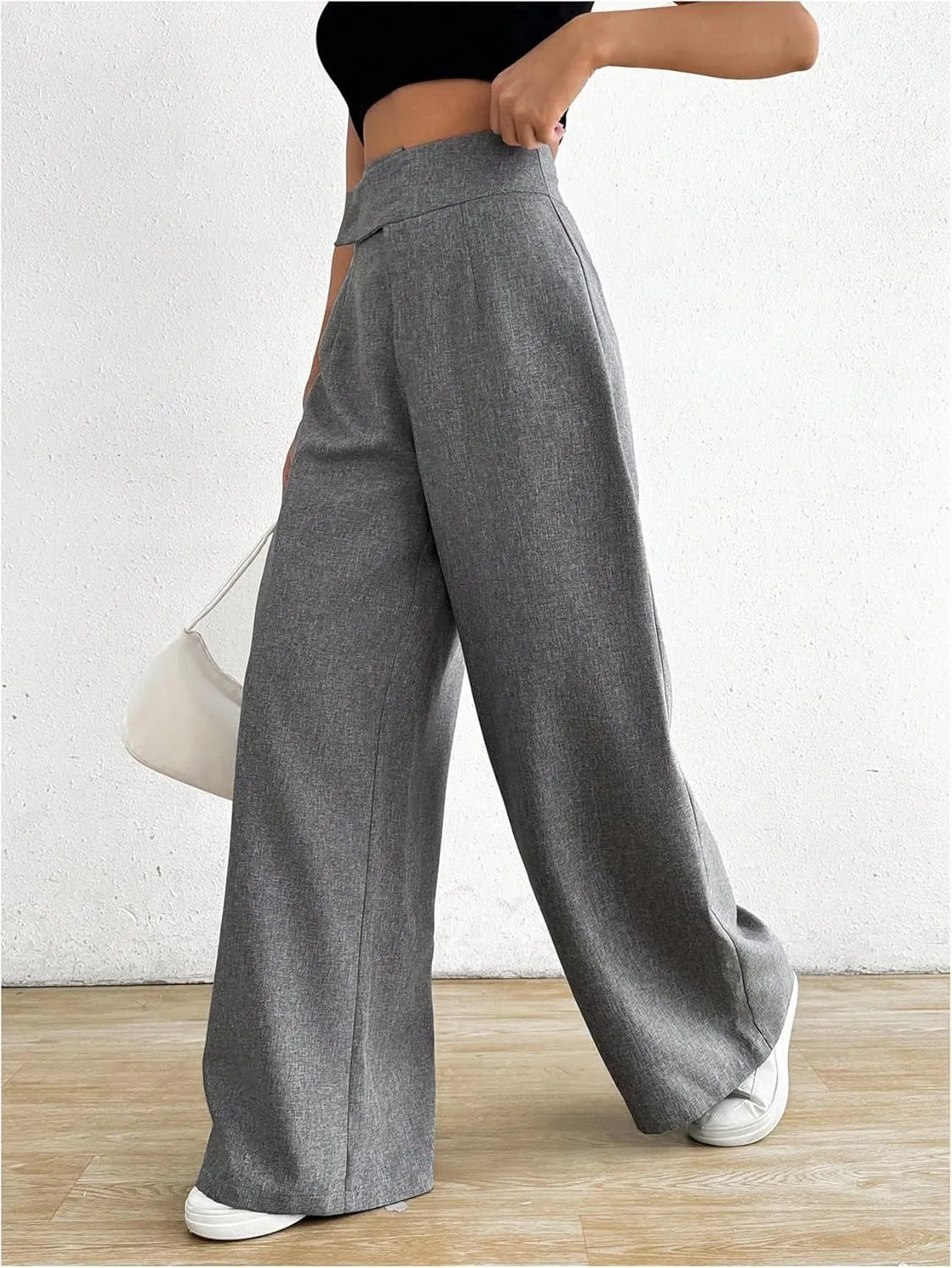 MakeMeChic Women's Pleated Wide Leg Pants Asymmetrical Waist Tummy Control Trousers