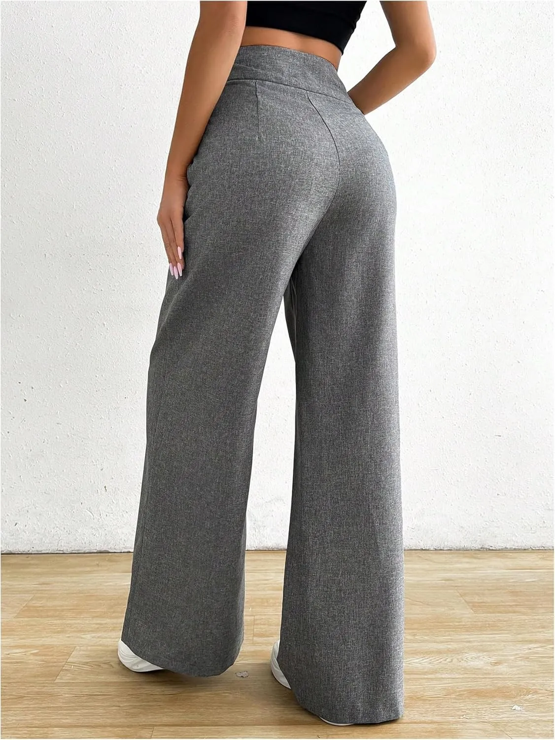 MakeMeChic Women's Pleated Wide Leg Pants Asymmetrical Waist Tummy Control Trousers