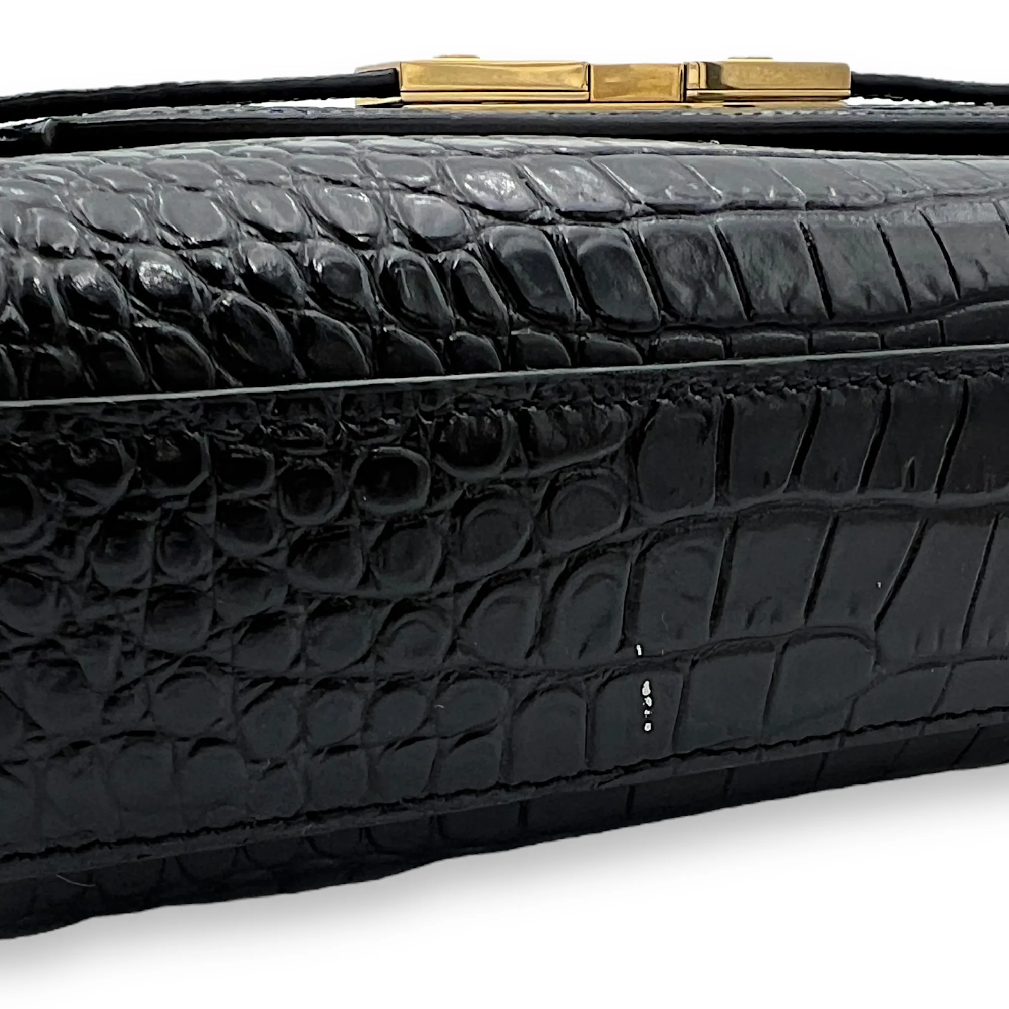 Manhattan Shoulder Bag Black in Crocodile Embossed Calfskin, Gold hardware
