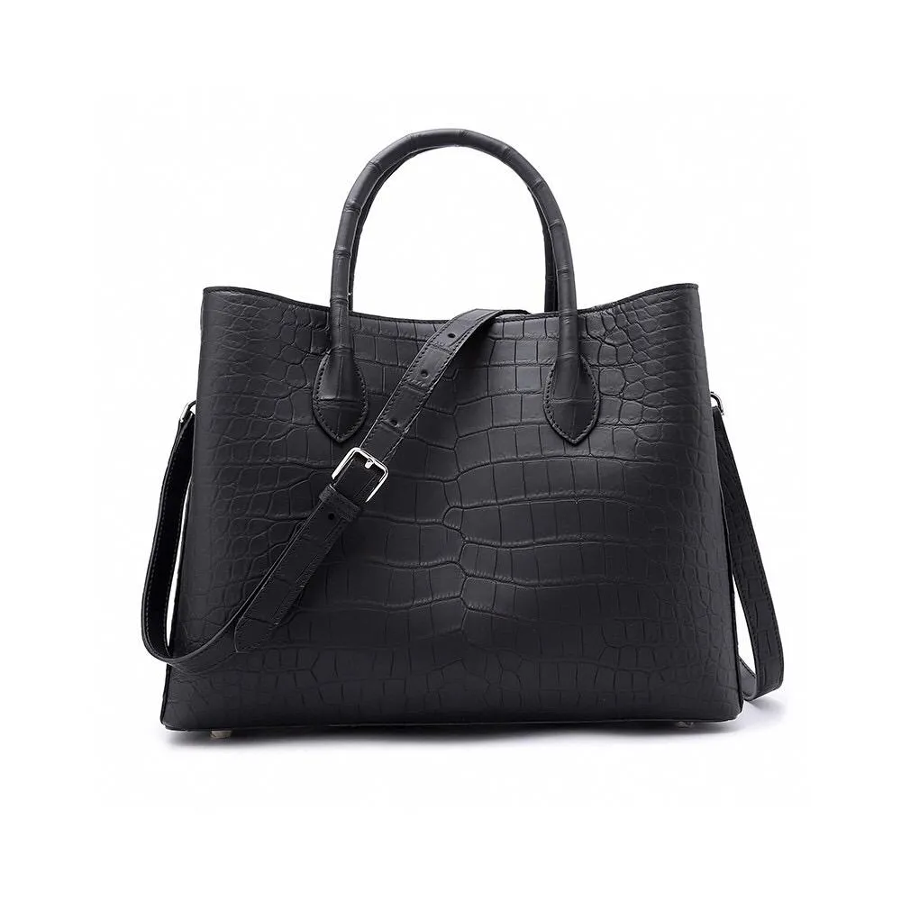 Matt Genuine Crocodile Leather Top Handle Satchel Handbag Shoulder Bag Tote Purse 33cm Black