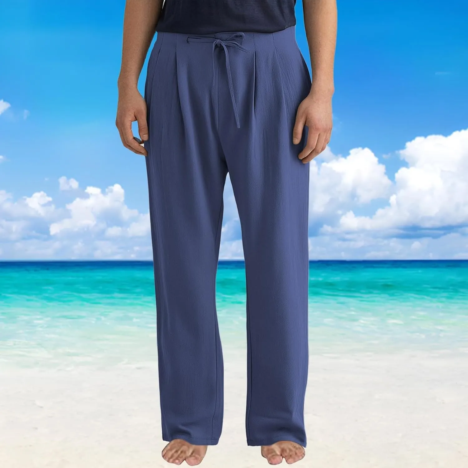 Men Linen Pants Plain Plus Size Flat Front Pants Lightweight Drawstring Waist Vacation Slacks Summer Casual Trousers