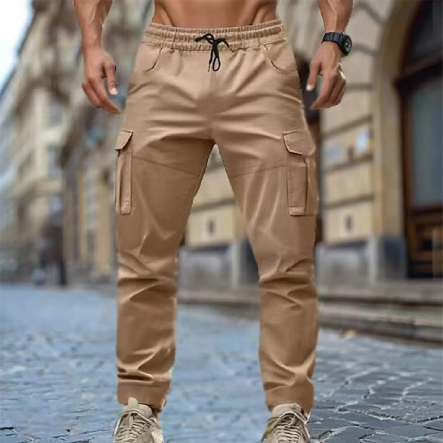 Men's Cargo Pant Elastic Drawstring Waist Straight Leg Pants with Pockets Casual Water Resistant Tapered Trousers