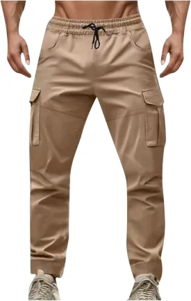 Men's Cargo Pant Elastic Drawstring Waist Straight Leg Pants with Pockets Casual Water Resistant Tapered Trousers
